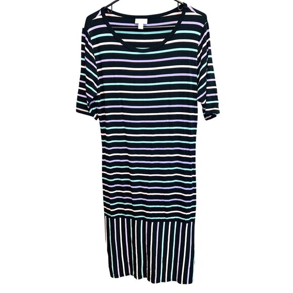 LuLaRoe Julia Striped Dress Large Black Multicolor Short Sleeve Stretchy Knit - Picture 1 of 5